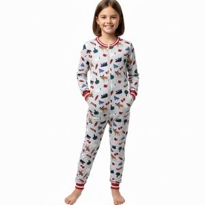 Holiday Onsie Footless Full Piece Pajamas Size Youth Large 10/12 Unisex Grey Red